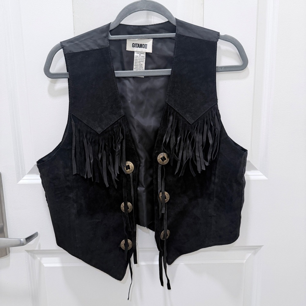 VTG Gitano Black Suede Leather Fringe Vest Western Concho Button Cinch Back Boho